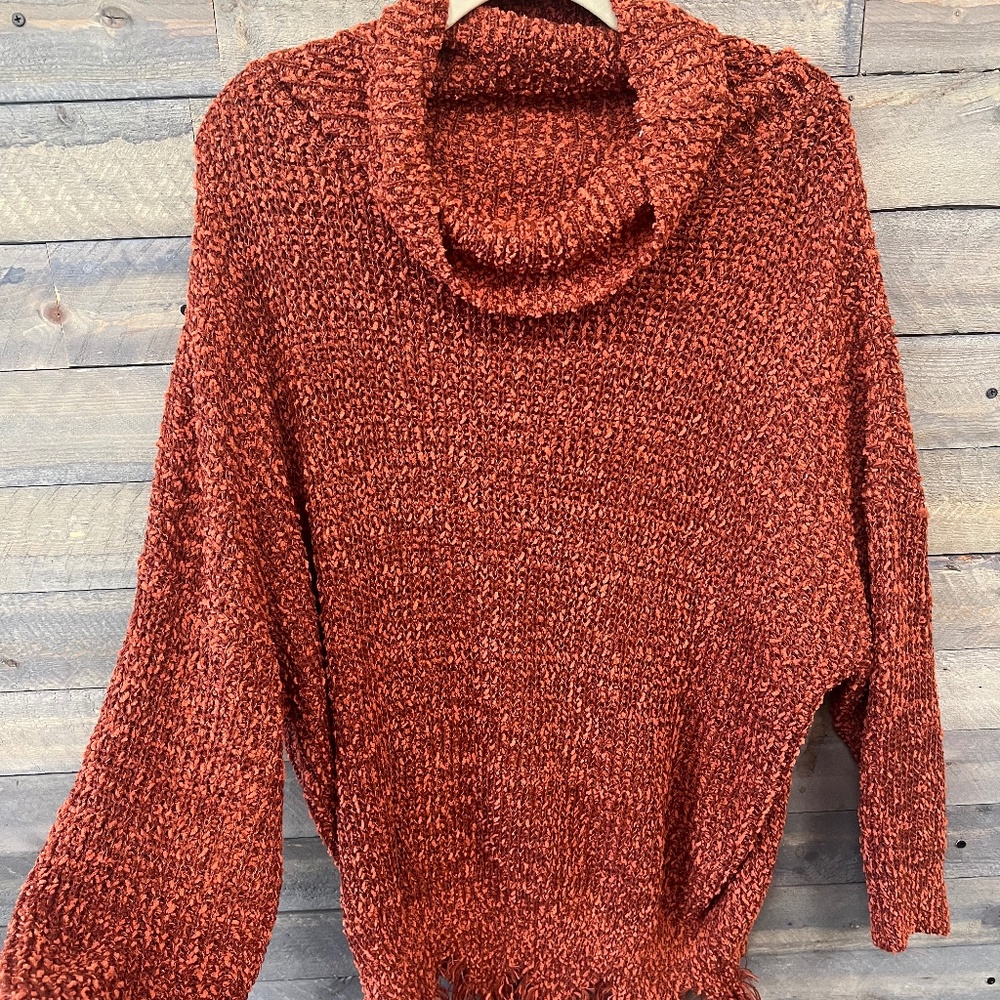 Turtle Neck Long Sleeve Pullover Sweater with Distressed Hem